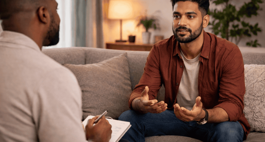 Man speaking during a therapy session